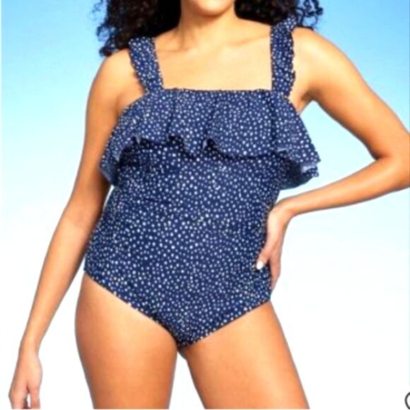 Kona Sol 1 Piece Swim 17 Dot Ruffle Shoulder One Piece Slim Swimsuit Navy Blue - Picture 4 of 14